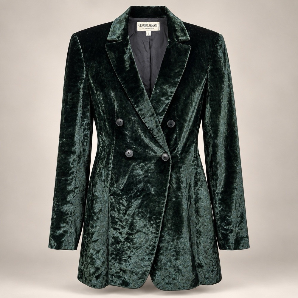 Vtg Giorgio Armani Dark Green Crushed Velvet Blazer Sz 2 Double Breasted Italy